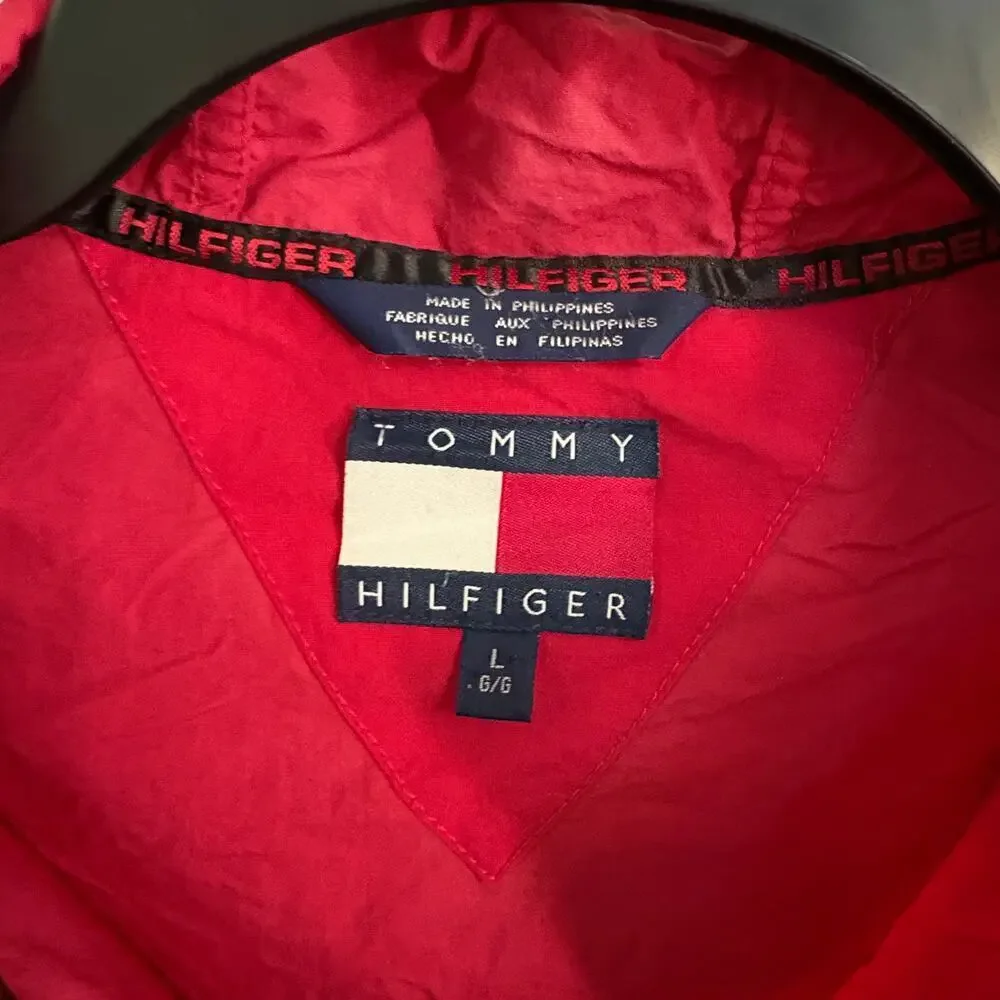 VTG Tommy Hilfiger Windbreaker Preppy Retro GORPCORE  Red Hooded Anorak L Unisex